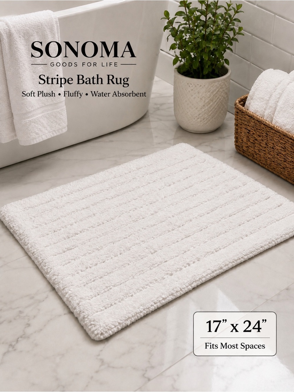 1 Piece Stripe Bath Rug, Soft Plush Fluffy & Water Absorbent,White /17 x 24in